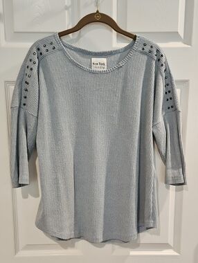 New York Laundry Pale Blue Ribbed Studded Shoulder Top
